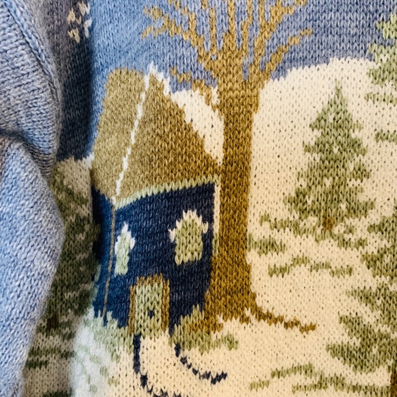 Vintage Christmas Sweater Large Blue Cottage Theme Sleigh Ride Horse Cabin USA - Picture 6 of 14